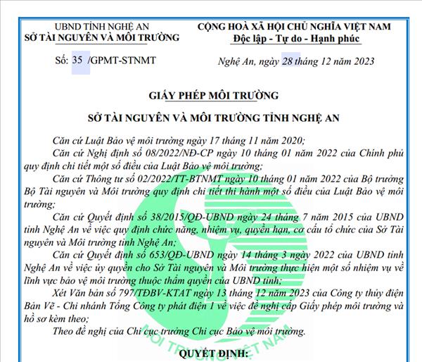 Giấy phép môi trường của Sở tài Nguyên và Môi trường tỉnh Nghệ An cấp cho Công ty Thủy điện Bản Vẽ