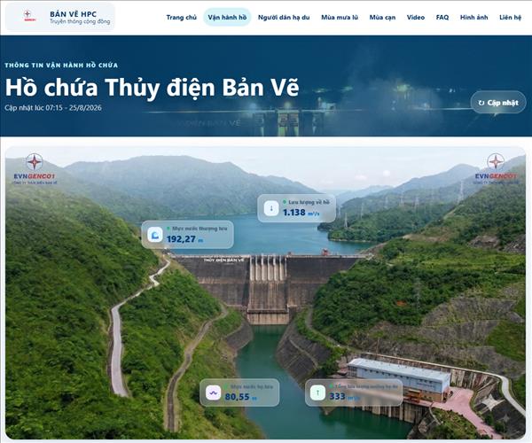 CTTĐ Bản Vẽ thông báo: Đập thuỷ điện Bản Vẽ vận hành điều tiết nước qua tràn lúc 09h00 ngày 25/08/2026. Tổng lưu lượng xả xuống hạ du từ 340m3/s đến 1200m3/s